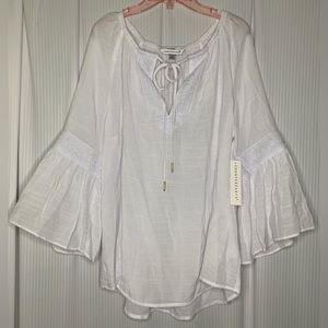 Counterparts Gauzy Blouse Bell Sleeves w/ Lace Detail Tie Neckline V Neck